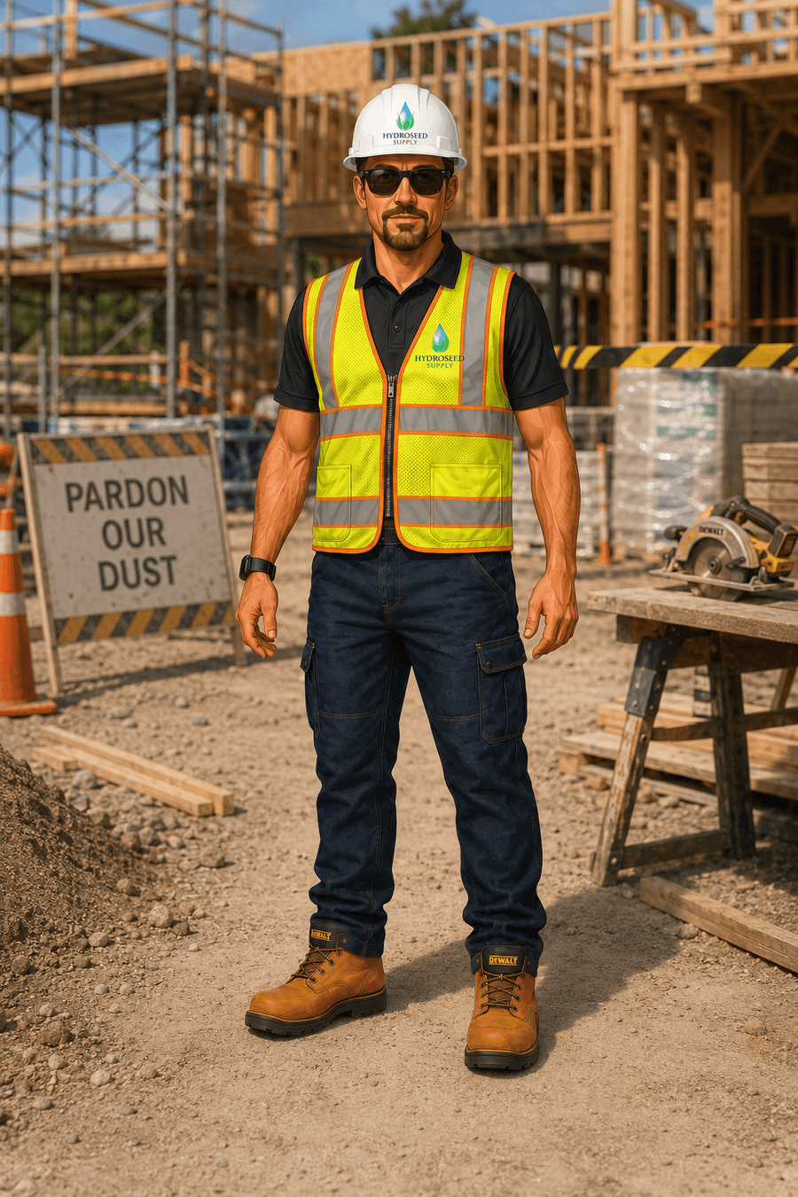 Doug from Hydroseed Supply in a hard hat and safety vest — site under construction