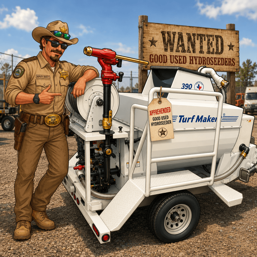 Deputy Dusty next to a TurfMaker hydroseeder under a ‘Wanted: Good Used Hydroseeders’ sign