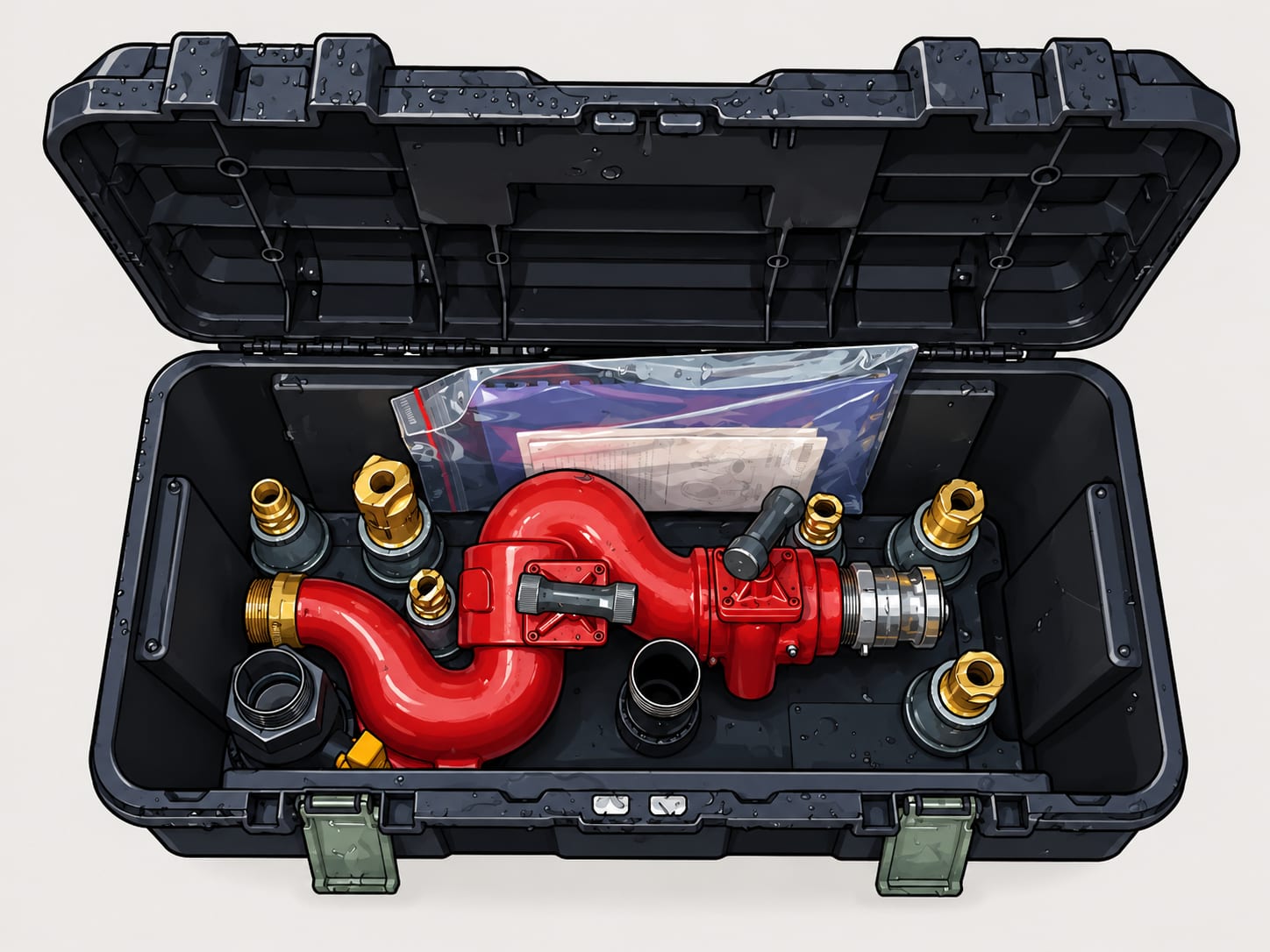 An open Hydroseed Supply tool box with red plumbing fittings and brass connectors