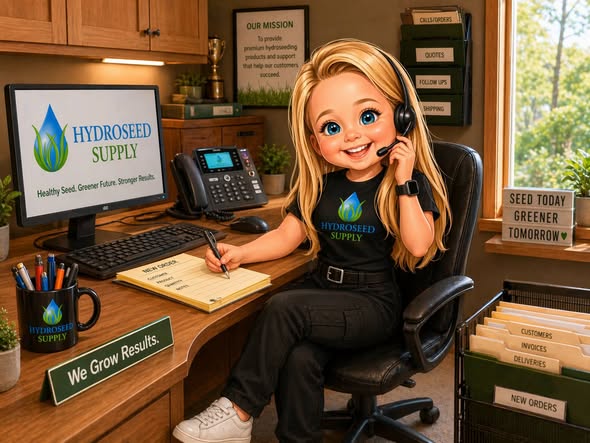 Larissa at the Hydroseed Supply office desk with headset
