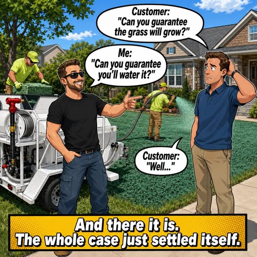 Comic strip: 'Can you guarantee the grass will grow?' / 'Can you guarantee you will water it?'
